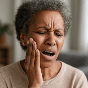 Old woman in pain due to gum disease in Frisco.