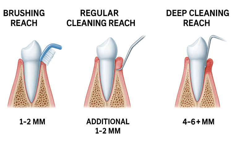 Medical illustration showing three stages of dental cleaning depth: brushing reaching 1–2 millimeters, regular dental cleaning reaching an additional 1–2 millimeters, and deep cleaning reaching 4–6+ millimeters below the gumline, with cross-section views of teeth, gums, and periodontal pockets