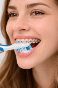 Young woman brushes with her braces