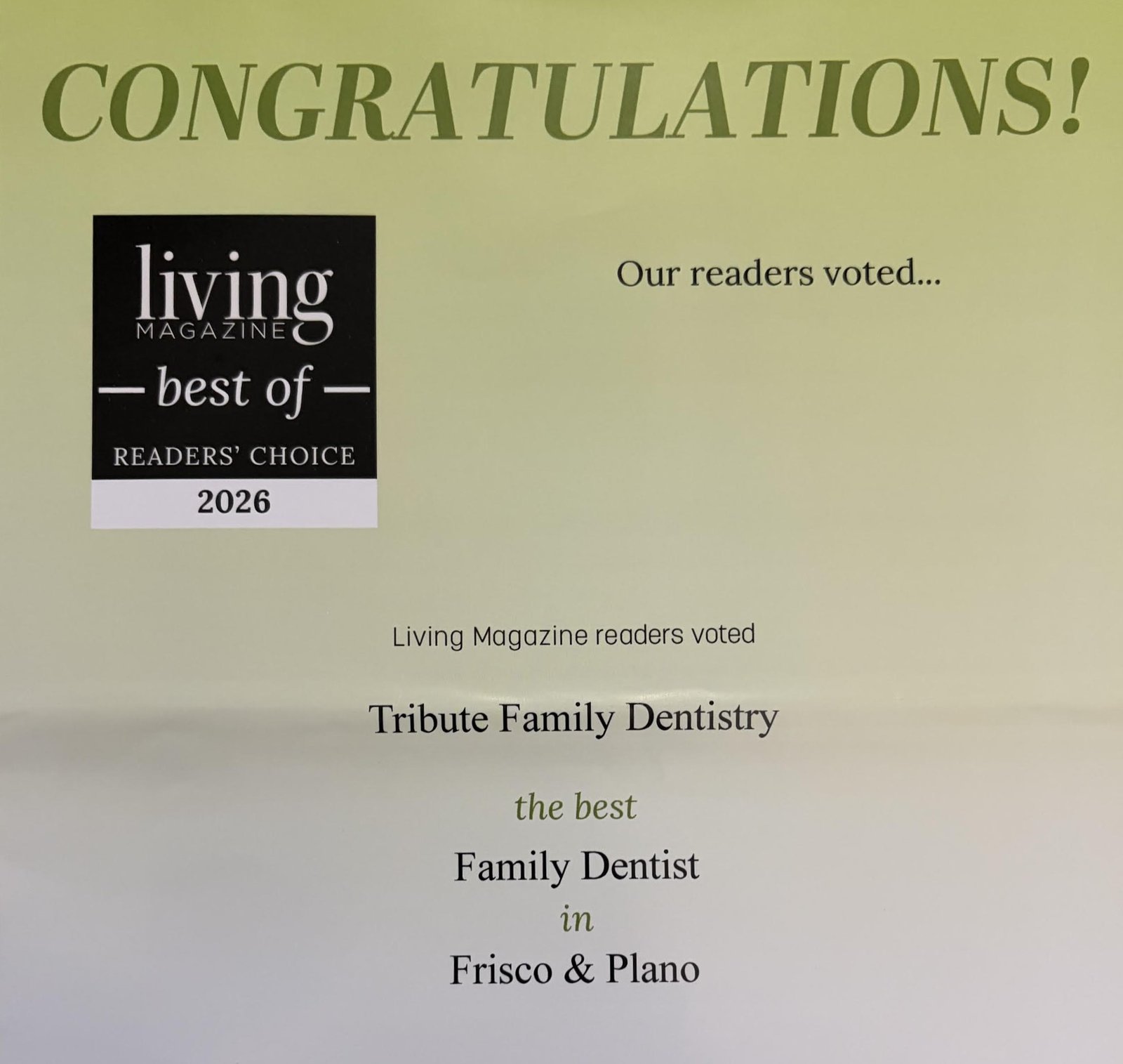 Living Magazine 2026 Readers Choice Best Family Dentist Frisco and Plano
