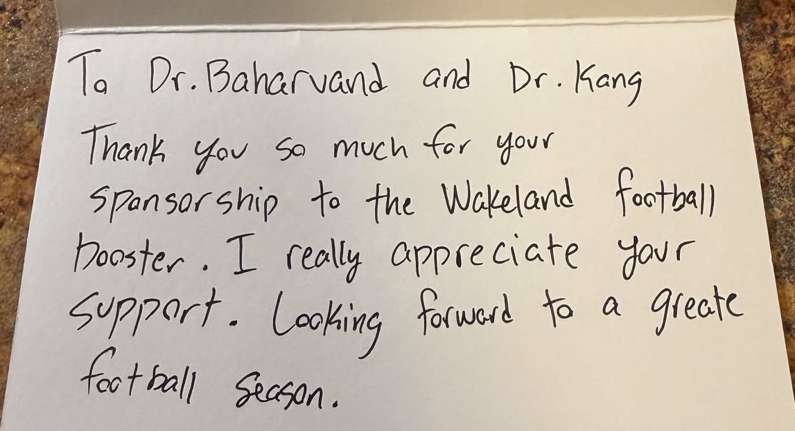 Handwritten thank-you card to Dr. Baharvand and Dr. Kang for sponsoring the Wakeland football boosters