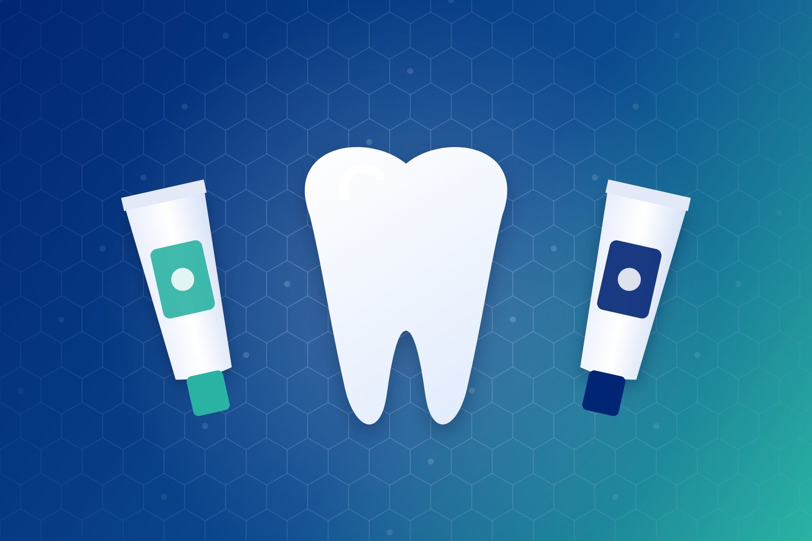Illustration of a tooth between two toothpaste tubes over a hexagonal mineral crystal pattern